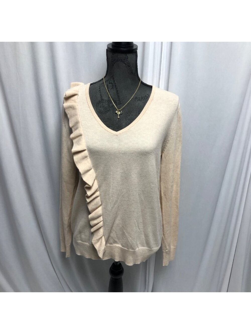 MAAC London Ruffle V Neck Sweater Womens Medium Pink Beige Long Sleeve Knit Top